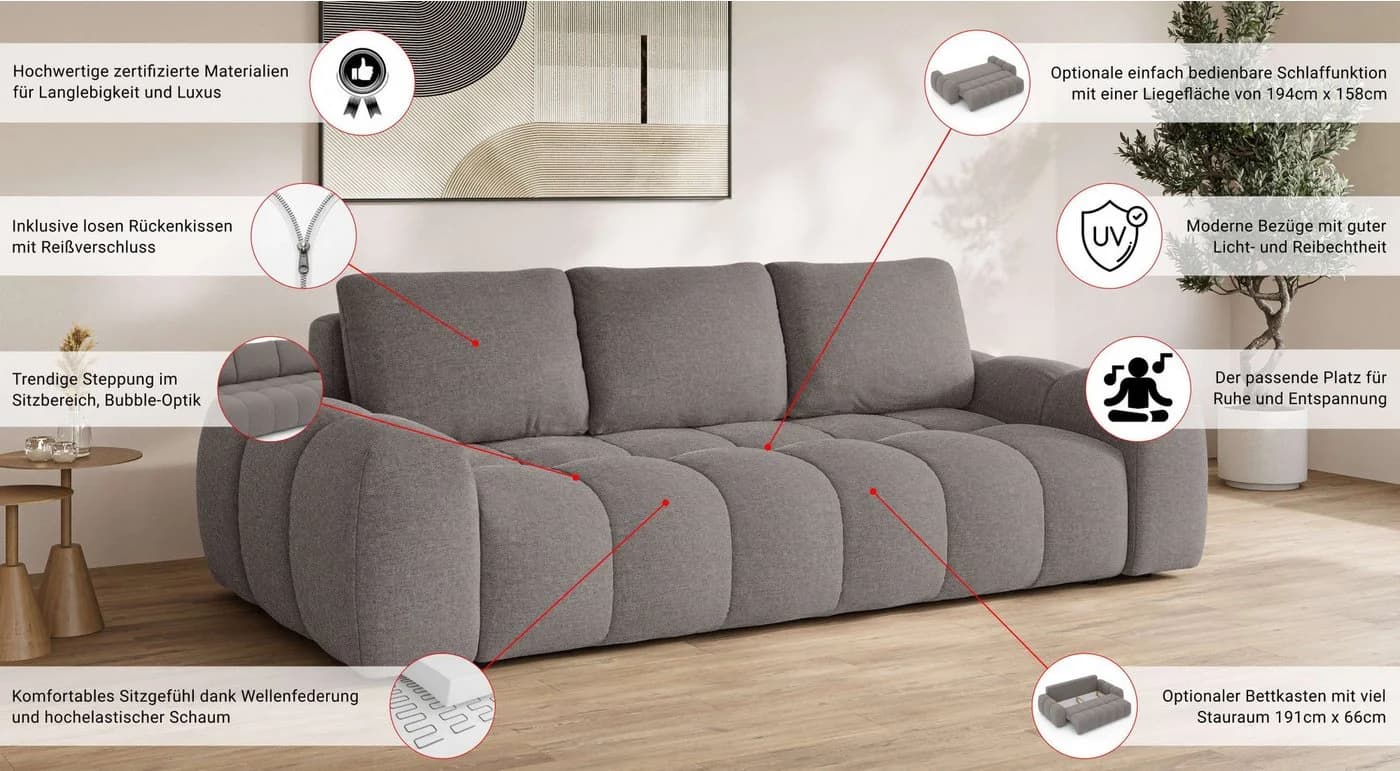 3-Sitzer OTTO HOME AZITA Sofa Braun Wellenunterfederung - Bild 3