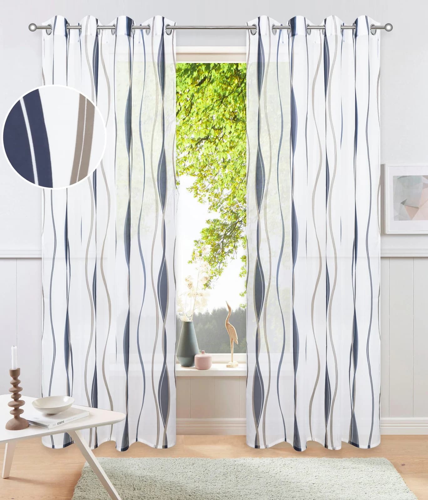 OTTO HOME Gardine Dimona 2er-Set Weiß/Blau Voile mit Ösen