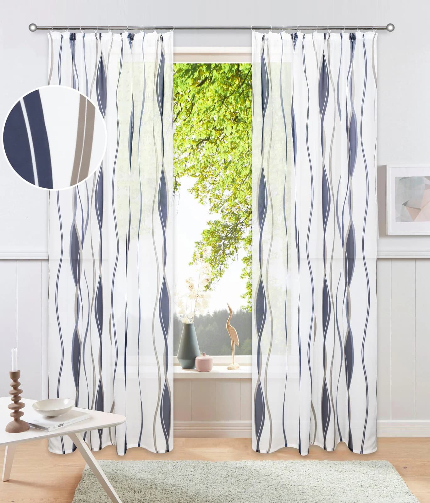 OTTO HOME Gardine Dimona 2er-Set Blau/Weiß Voile Wellen