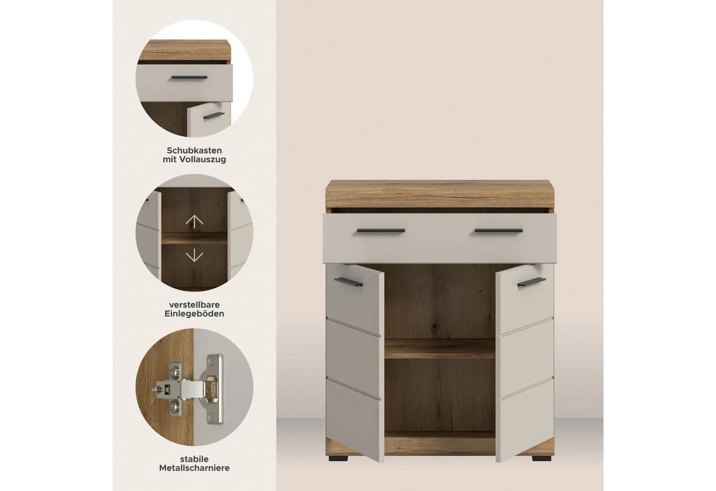 welltime Unterschrank SIENA 74cm 2 Türen 1 Schublade Beige/Schwarz - Bild 3
