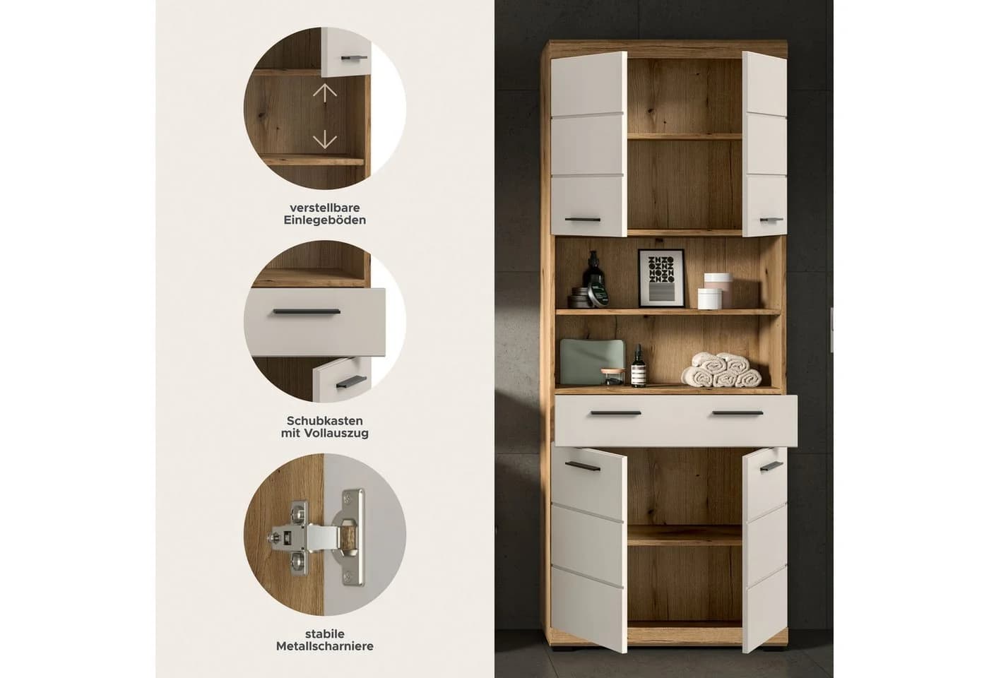 welltime Hochschrank SIENA Beige 4 Türen 1 Schubkasten 2 Fächer - Bild 3