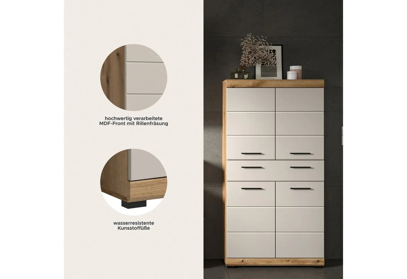 welltime Midischrank SIENA 74cm 4 Türen 1 Schublade Eiche/Kaschmir - Bild 4