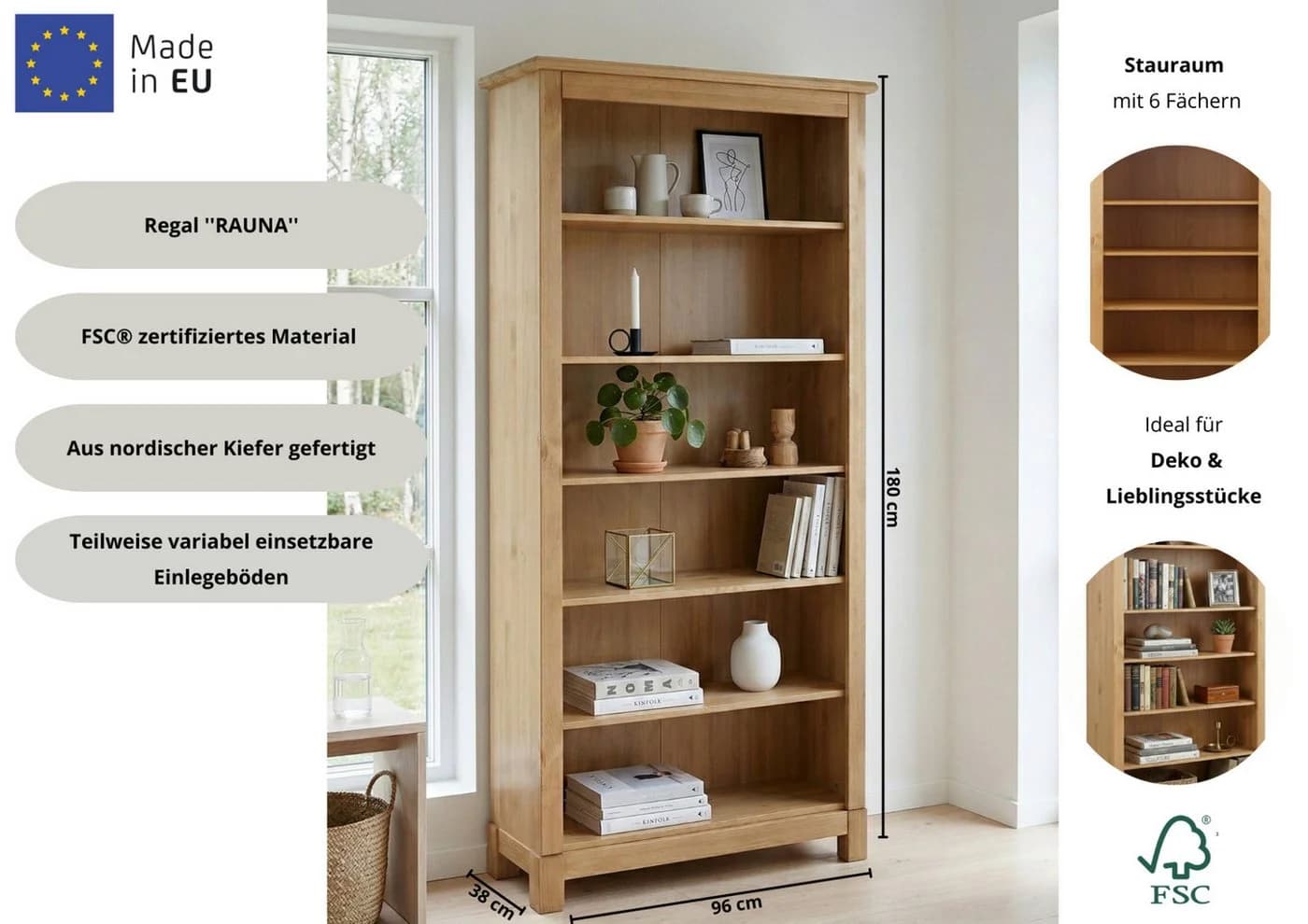 Bücherregal OTTO HOME 'Rauna', natur, B:96cm H:180cm T:38cm, Massivholz - Bild 3
