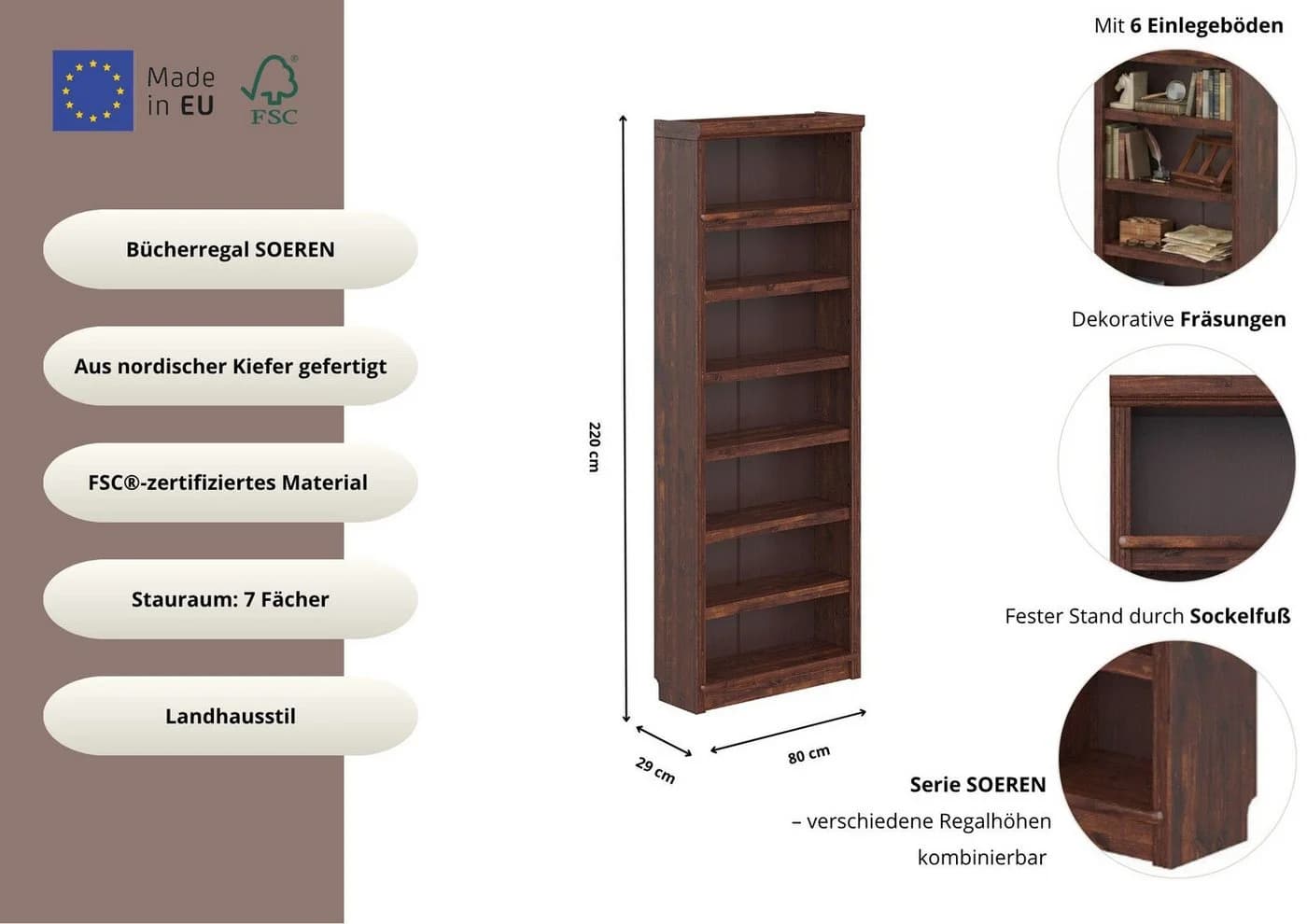 Bücherregal Massivholz Kiefer FSC-zertifiziert 80x29x220 cm OTTO HOME - Bild 3