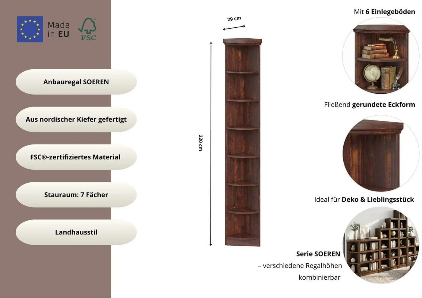 OTTO home Anbauregal Soeren Abschlussregal massiv Kiefer braun - Bild 3