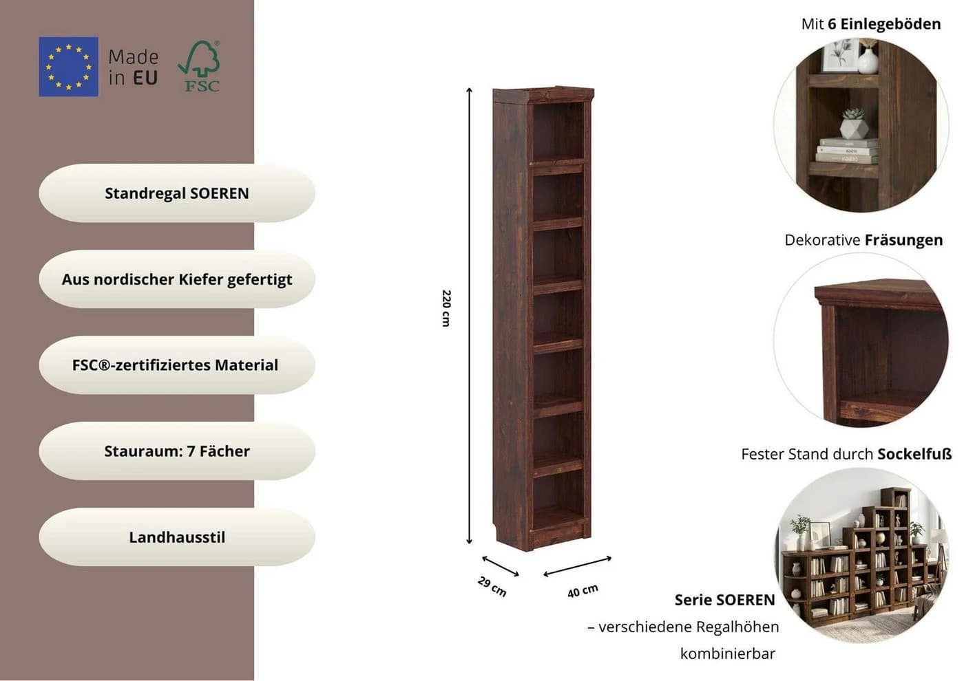 Bücherregal Kiefer FSC-zertifiziert 40x29x220 cm OTTO HOME - Bild 4