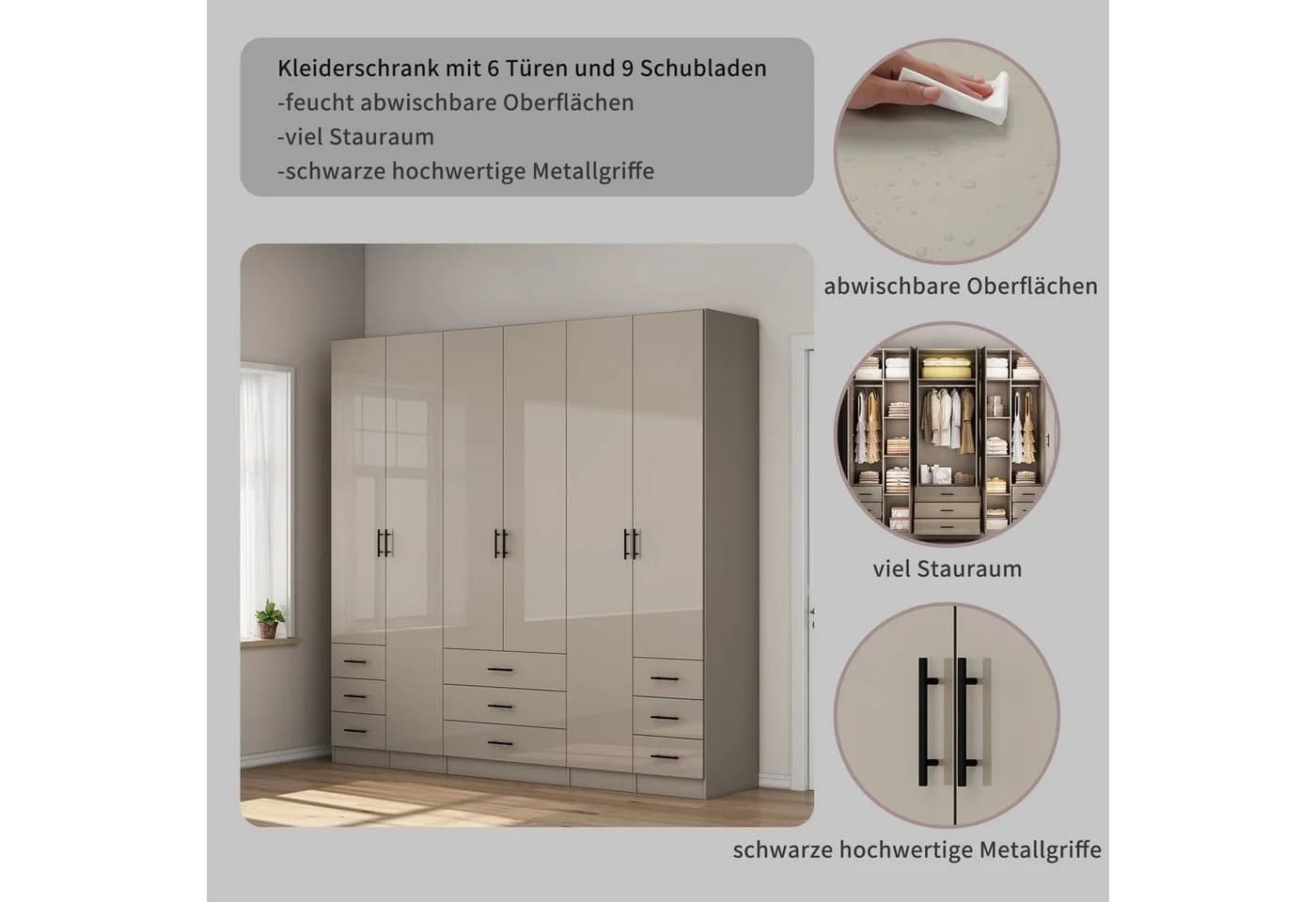 OTTO home Kleiderschrank Trento Grau 6 Türen 9 Schubladen Hochglanz - Bild 3