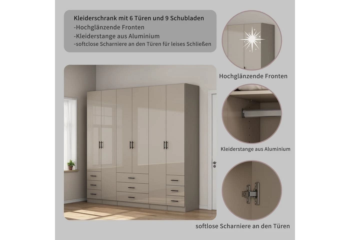 OTTO home Kleiderschrank Trento Grau 6 Türen 9 Schubladen Hochglanz - Bild 4