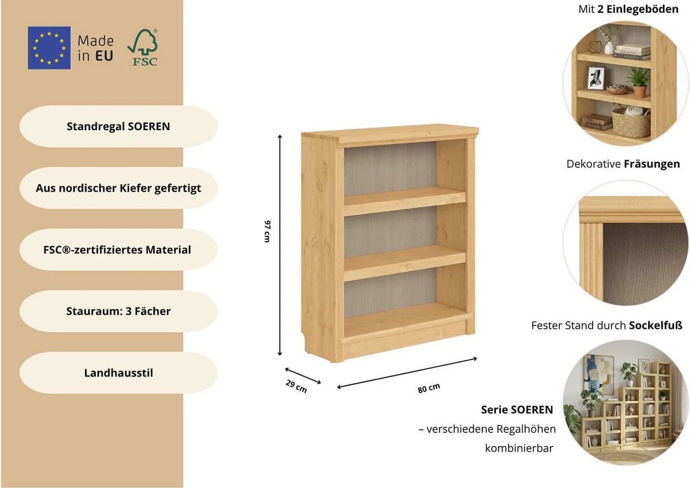Standregal Kiefer massiv Bücherregal 80x29x97 cm OTTO HOME - Bild 3