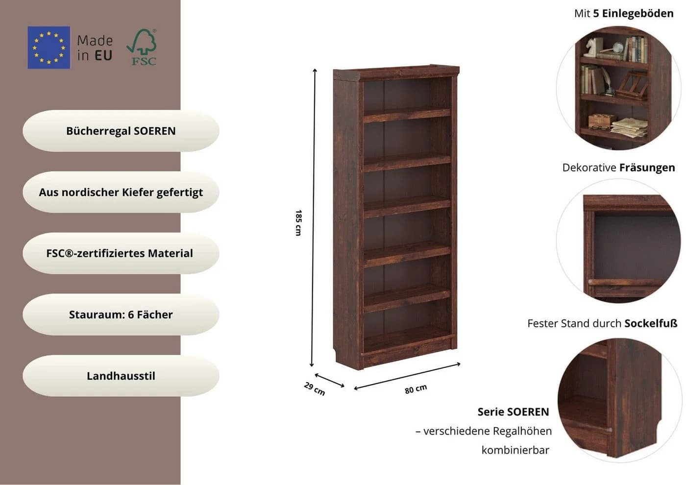 Bücherregal Kiefer massiv 80x29x185 cm OTTO HOME - Bild 3