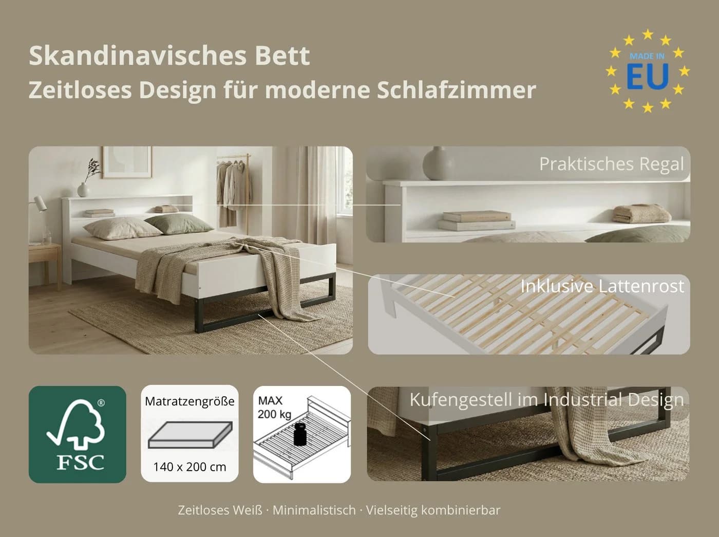 Massivholzbett Industrial Design mit Regal weiß/schwarz - Bild 4