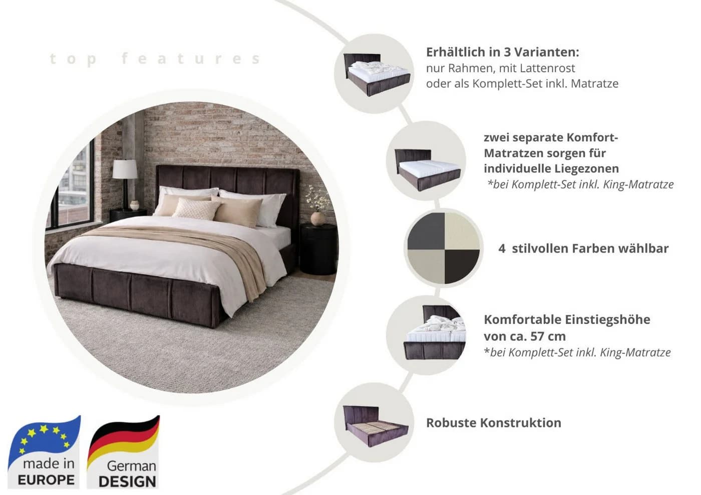 OTTO home Polsterbett EVELLINA 180x200 cm Braun/Schwarz Flauschiger Stoff - Bild 3