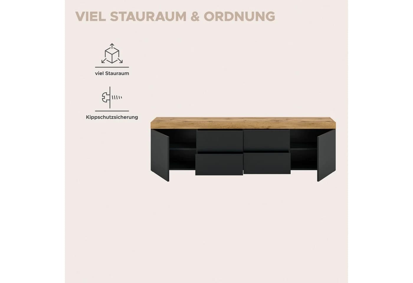 OTTO HOME Lowboard Mambo Schwarz Melamin 200cm Push-2-Open - Bild 4