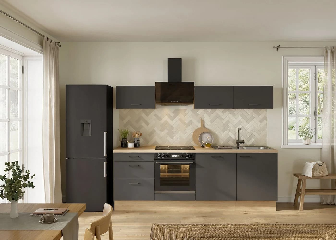 KOCHSTATION Küchenzeile KS-Sion 240 cm OPTIsnap Anthrazit/Eiche