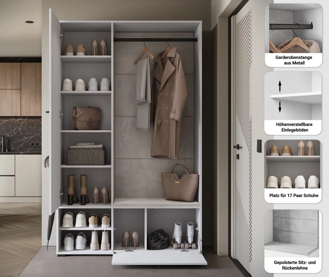 HOME AFFAIRE Garderobe DINO mit Spiegel, Sitzbank, weiß - Bild 3