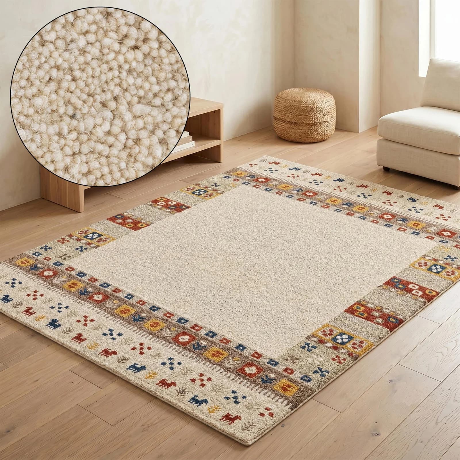 THEKO Wollteppich Gabbeh Rahmen Beige 200x200 cm Handgetuftet