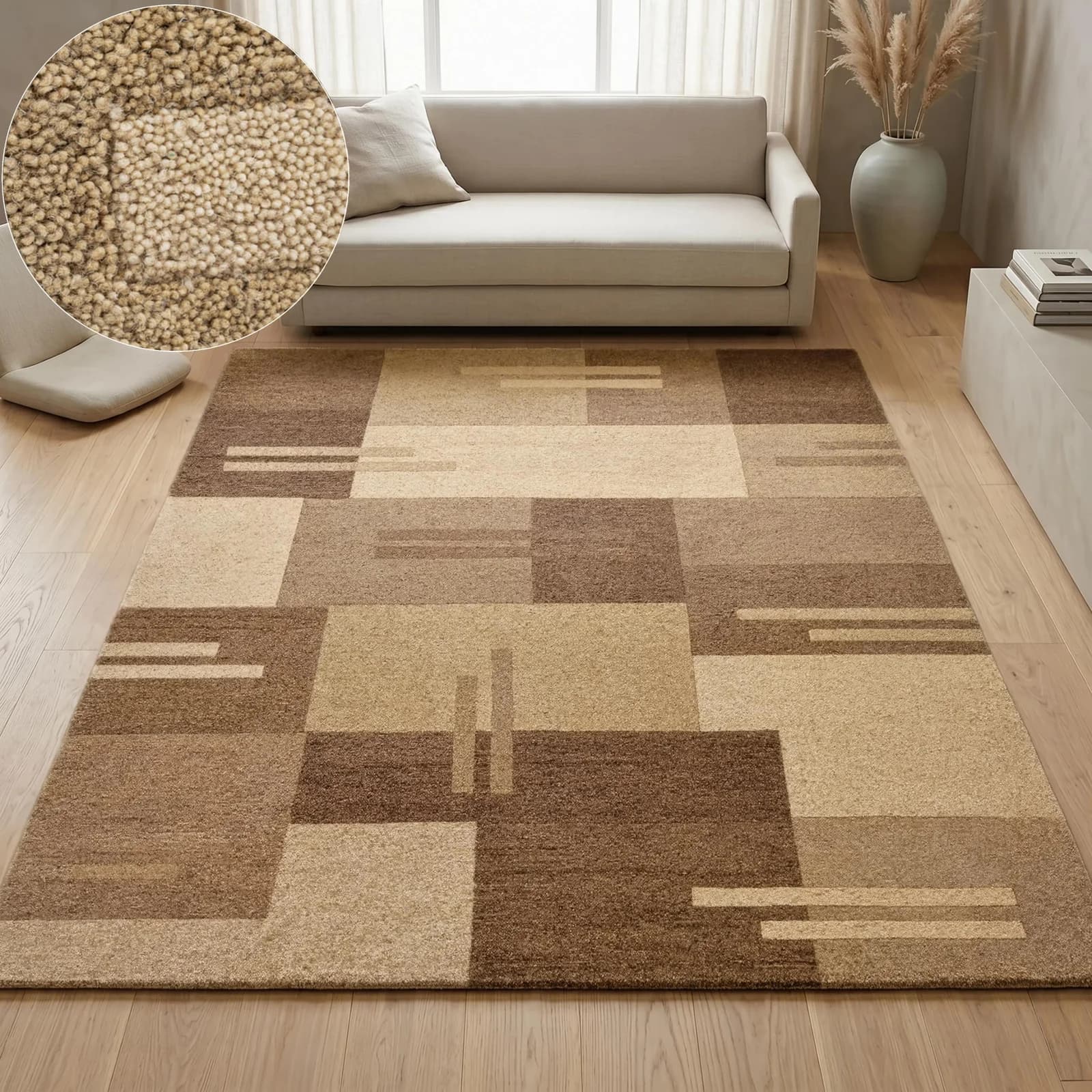 THEKO Wollteppich Gabbeh Kästchen Patchwork Braun