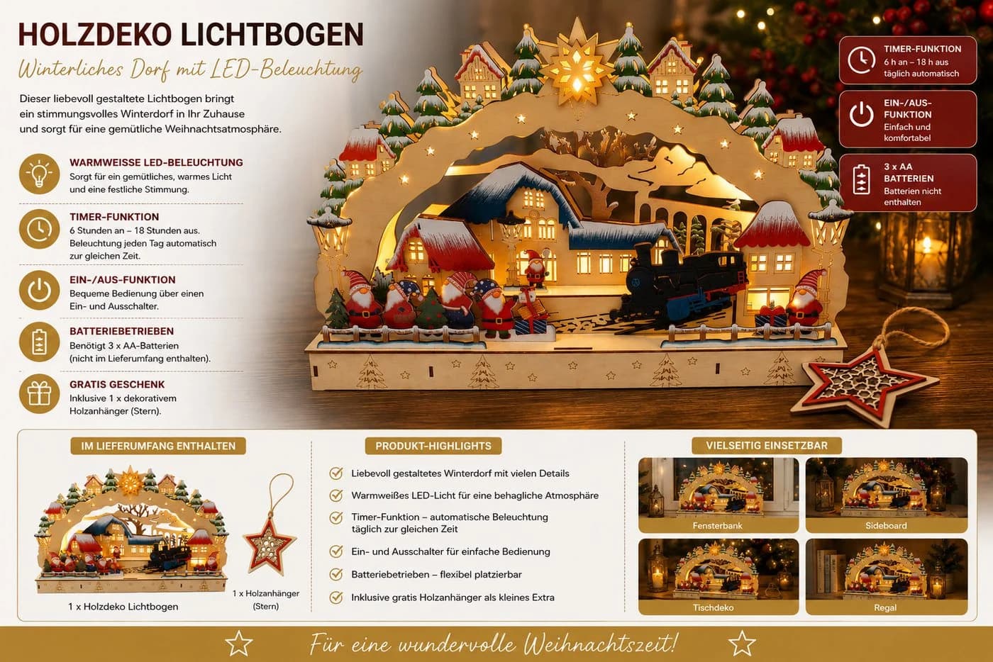 OTTO home LED Schwibbogen mehrstöckig mit 6h-Timer und 3D-Optik