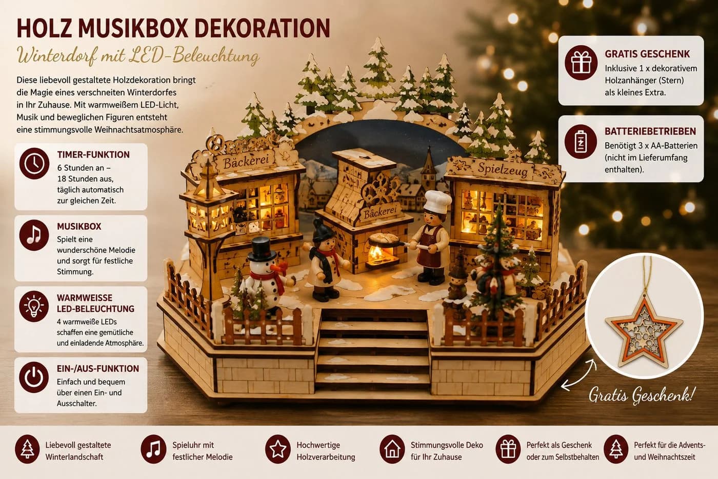 OTTO home Spieluhr LED Weihnachtsdorf aus Holz mit 6h-Timer - Bild 4