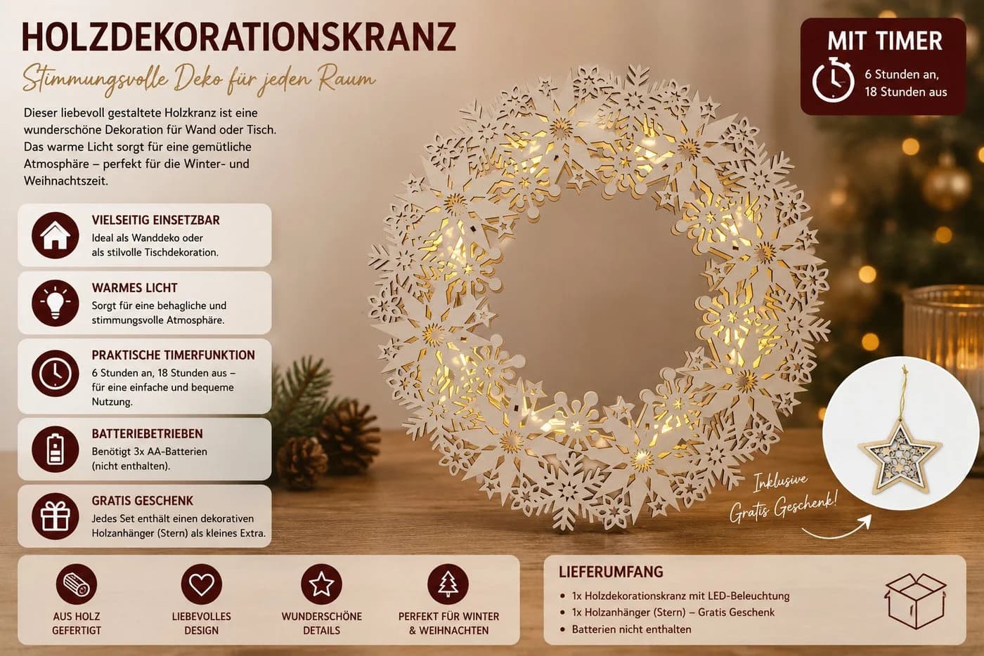 OTTO home LED Schneeflocken Holzdekoration mit Timer und warmweißer Beleuchtung - Bild 4