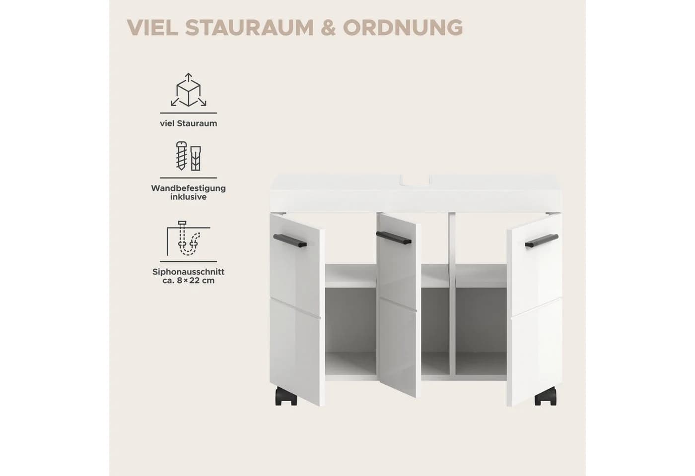 Welltime Waschbeckenunterschrank AVON 80cm 3 Türen Weiß Hochglanz - Bild 5