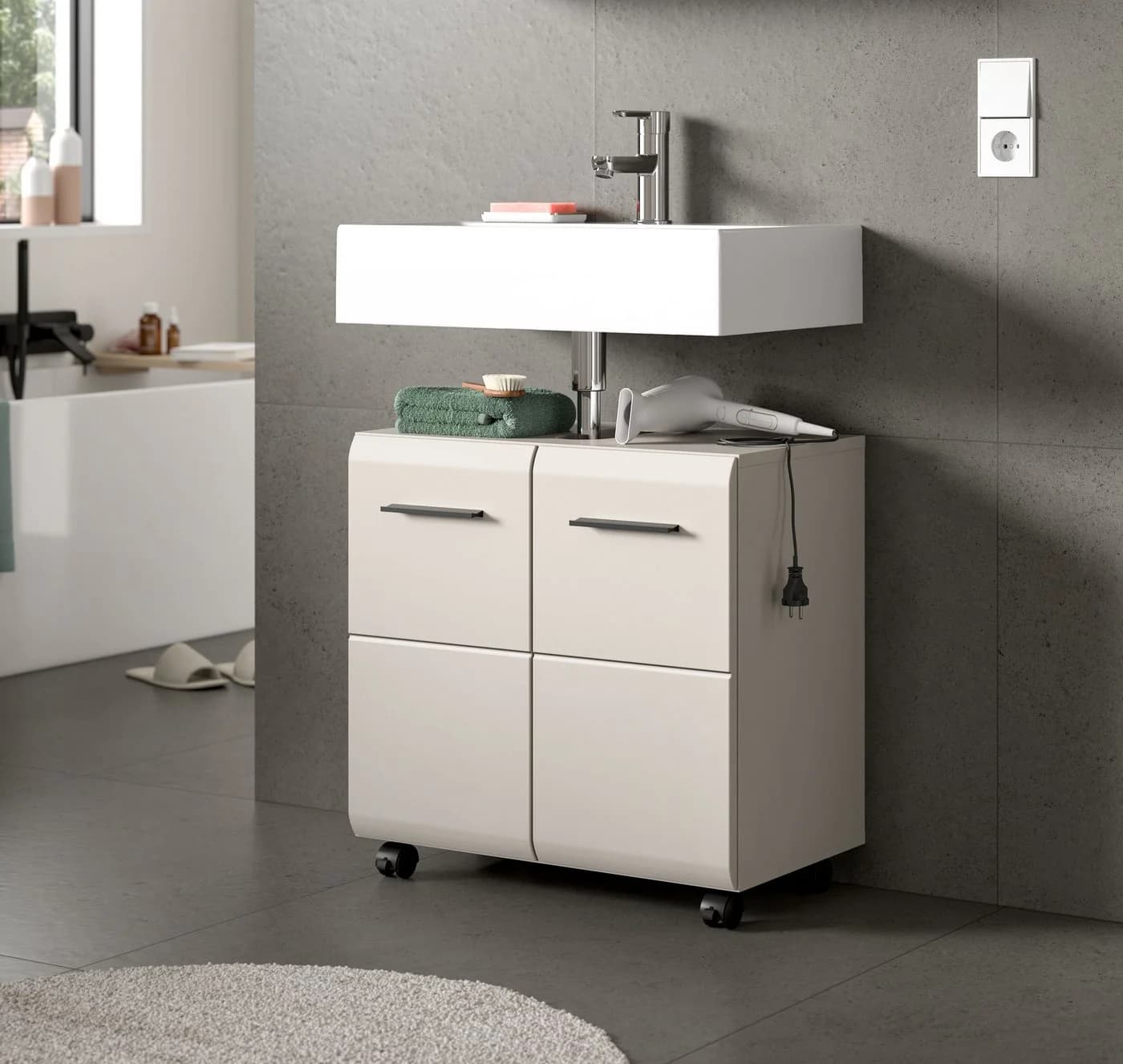 WELLTIME Waschbeckenunterschrank FLORENZ Beige Schwarz mit Rollen