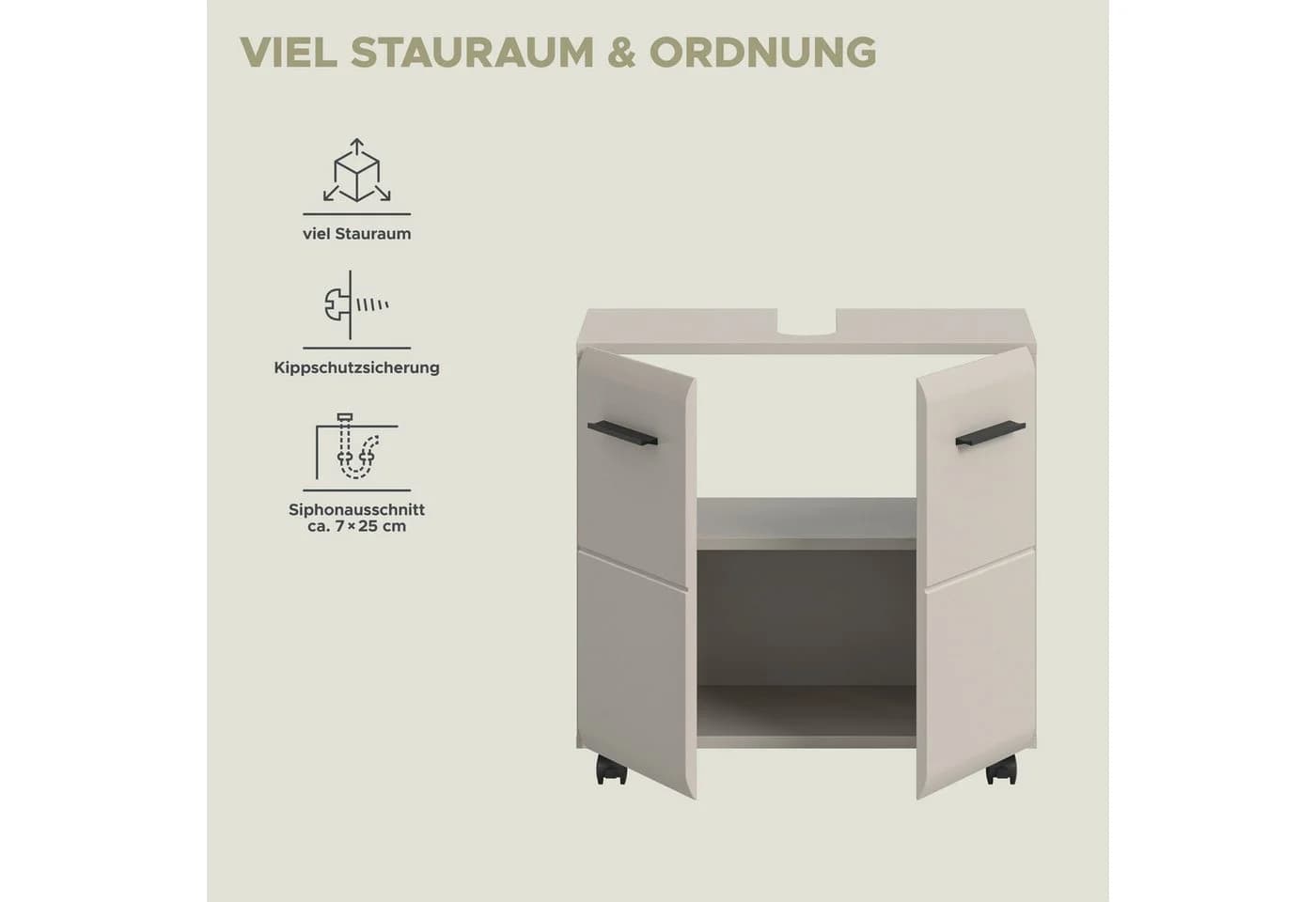 WELLTIME Waschbeckenunterschrank FLORENZ Beige Schwarz mit Rollen - Bild 4