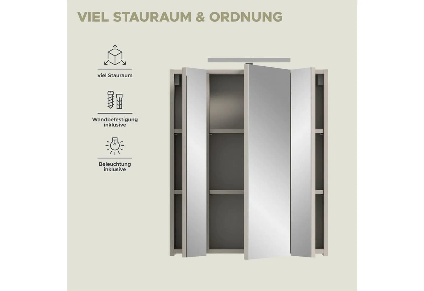 WELLTIME Spiegelschrank 3-türig Kaschmir mit Beleuchtung - Bild 4