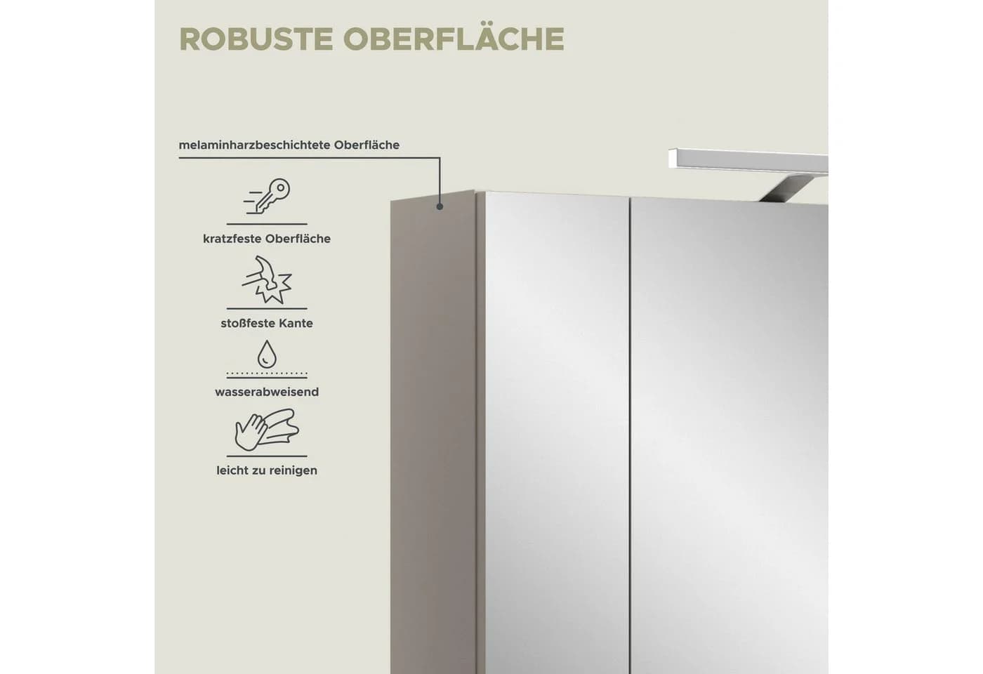 WELLTIME Spiegelschrank 3-türig Kaschmir mit Beleuchtung - Bild 5