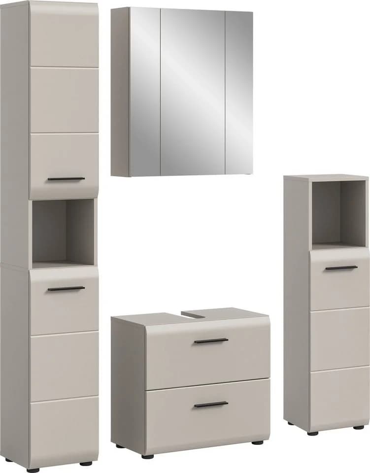 welltime Badezimmer-Set 4-tlg. Beige Hochschrank WBU Spiegelschrank Standschrank - Bild 2