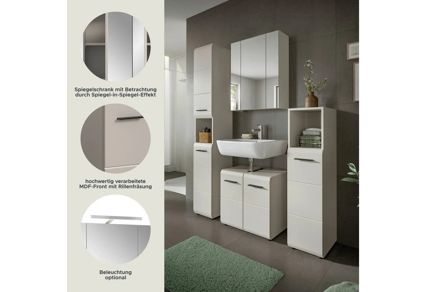 welltime Badezimmer-Set 4-tlg. Beige Hochschrank WBU Spiegelschrank Standschrank - Bild 3