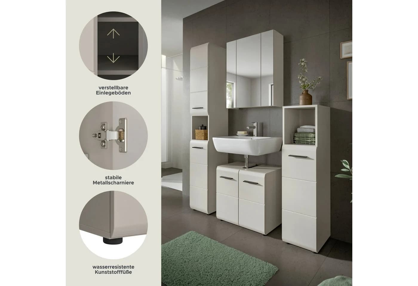 welltime Badezimmer-Set 4-tlg. Beige Hochschrank WBU Spiegelschrank Standschrank - Bild 4