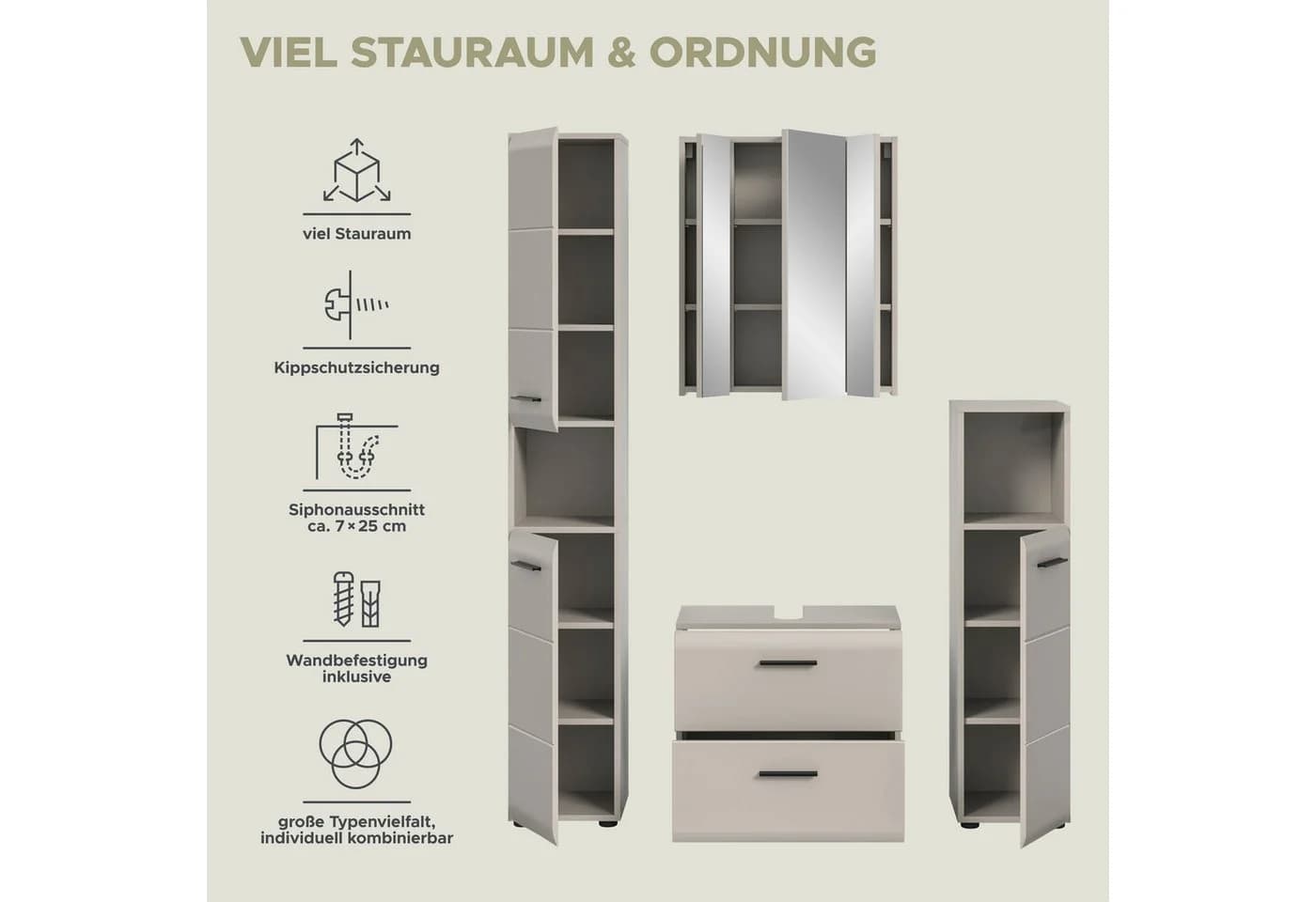 welltime Badezimmer-Set 4-tlg. Beige Hochschrank WBU Spiegelschrank Standschrank - Bild 5