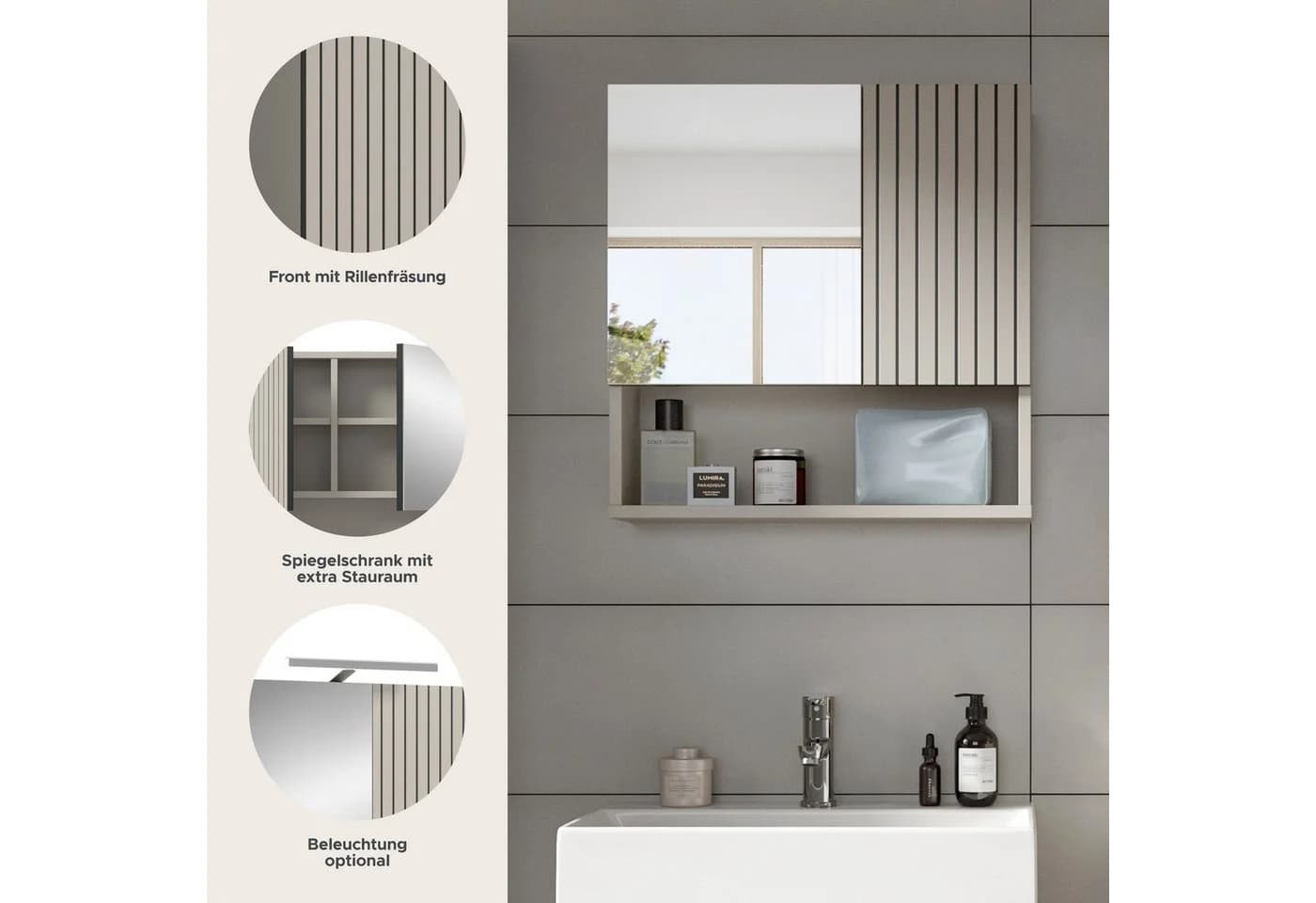 welltime Spiegelschrank MANI Beige 2 Türen 1 offenes Fach - Bild 3