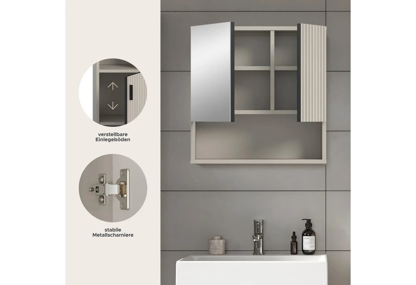 welltime Spiegelschrank MANI Beige 2 Türen 1 offenes Fach - Bild 4