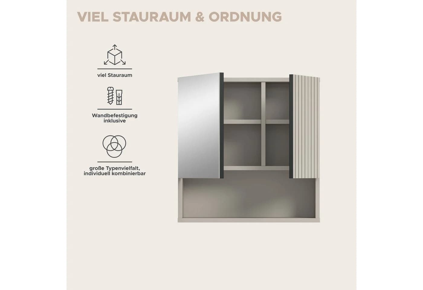 welltime Spiegelschrank MANI Beige 2 Türen 1 offenes Fach - Bild 5