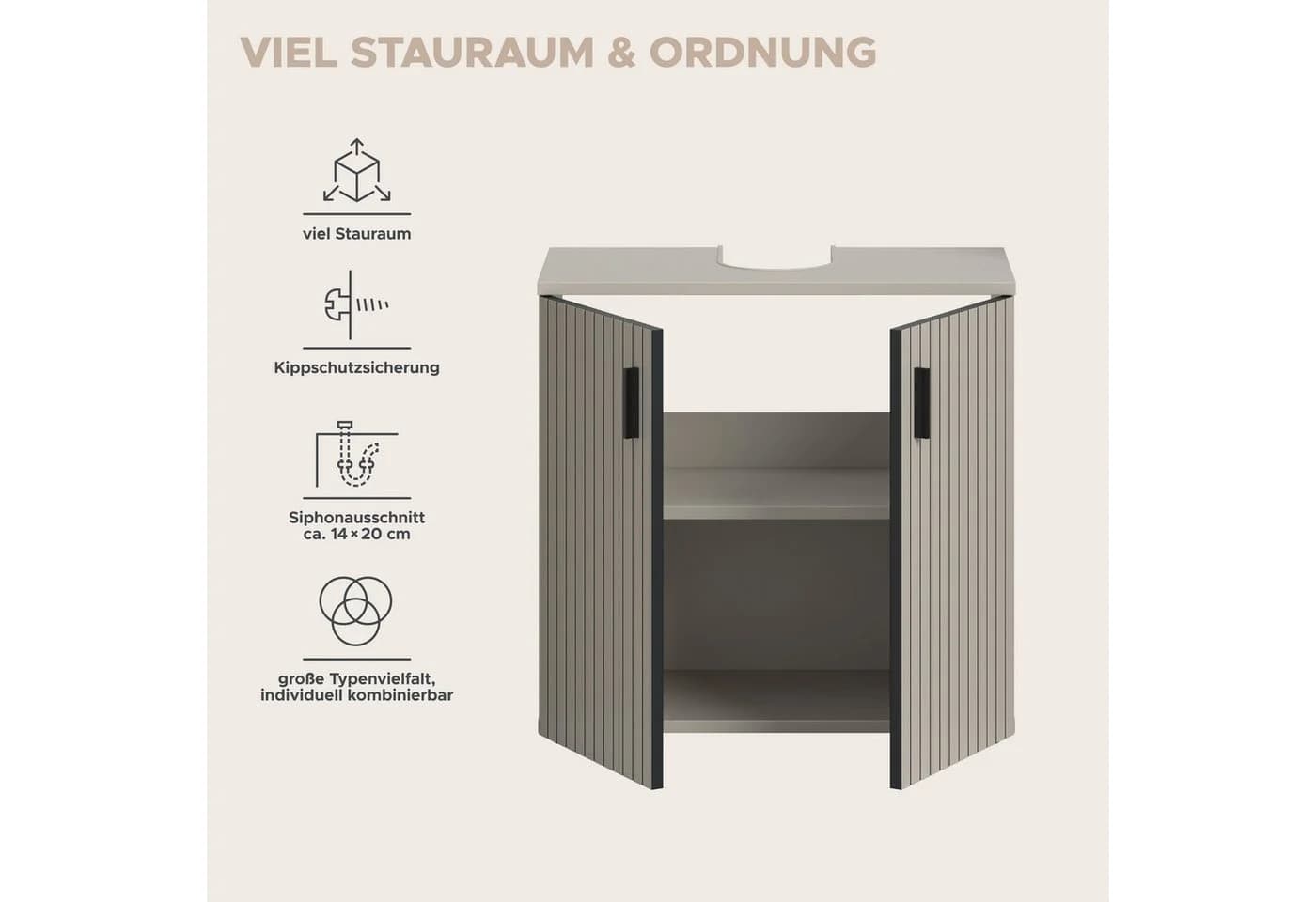 Welltime Waschbeckenunterschrank MANI Paneeloptik 2 Türen Kaschmir - Bild 4