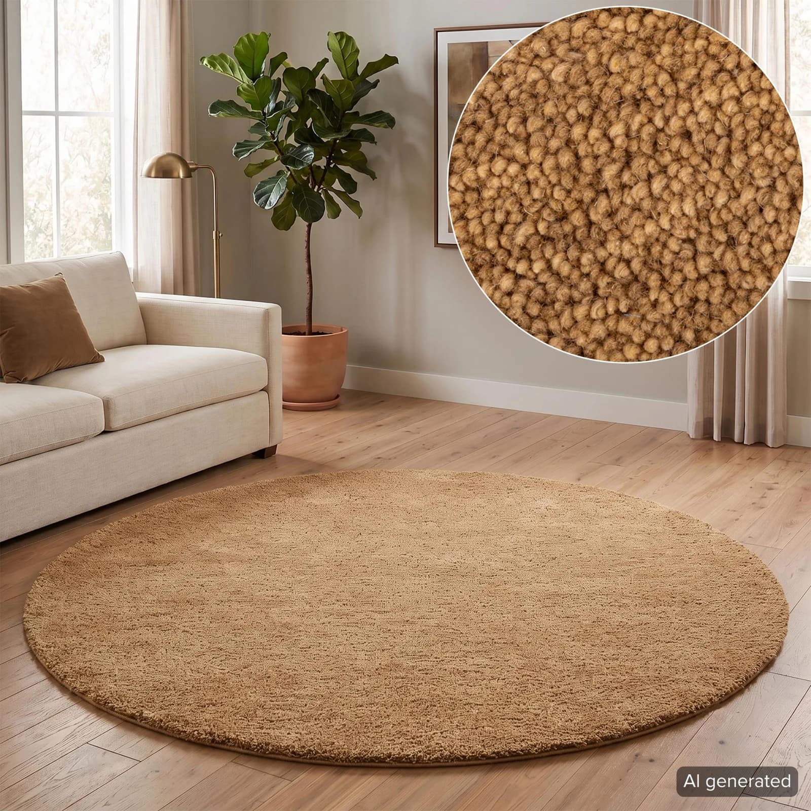 THEKO Wollteppich Janne Rund Beige Meliert Handgetuftet