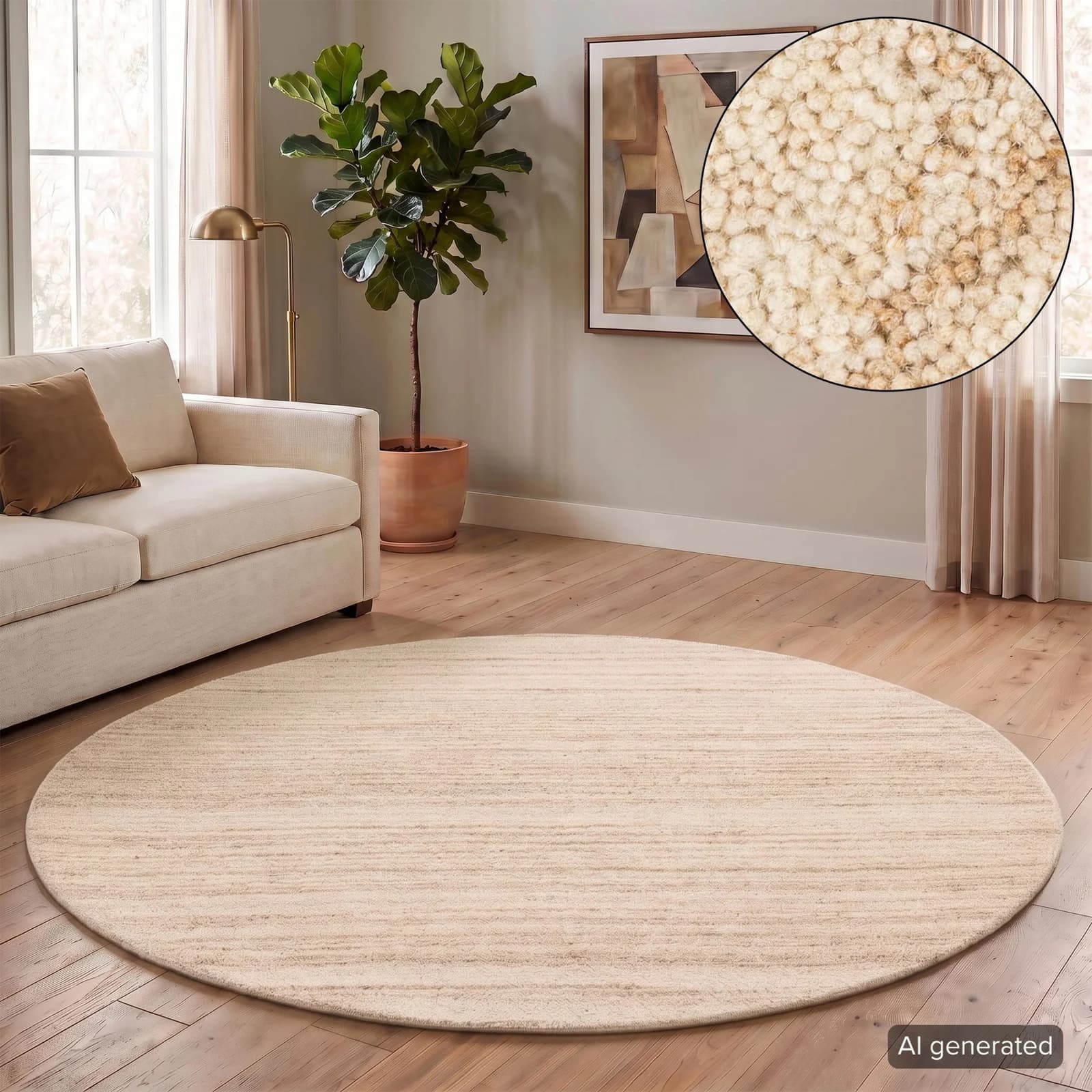 THEKO Wollteppich Janne Rund Beige Meliert Handgetuftet