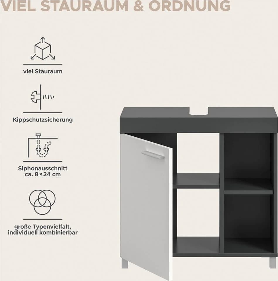 WELLTIME Waschbeckenunterschrank HANO anthrazit/weiß mit Siphonausschnitt - Bild 4