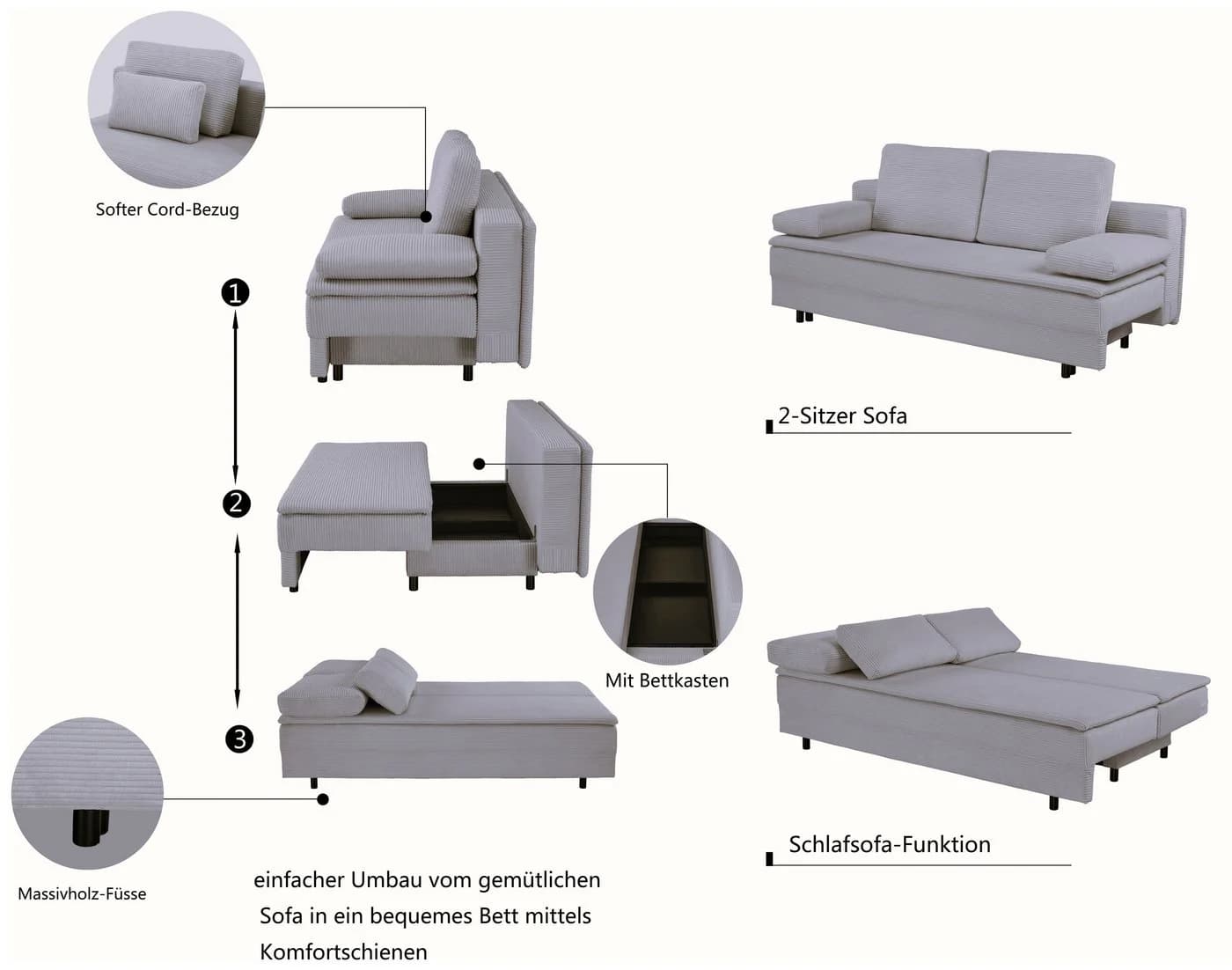 OTTO home Schlafsofa JANNIKO Cord Grau mit Bettkasten & Schlaffunktion - Bild 4