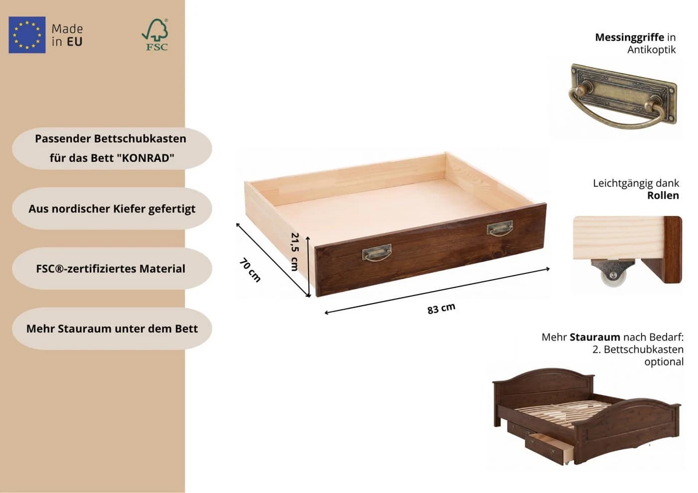 OTTO home Schubkasten Konrad Massivholz Kiefer braun mit Rollen - Bild 3