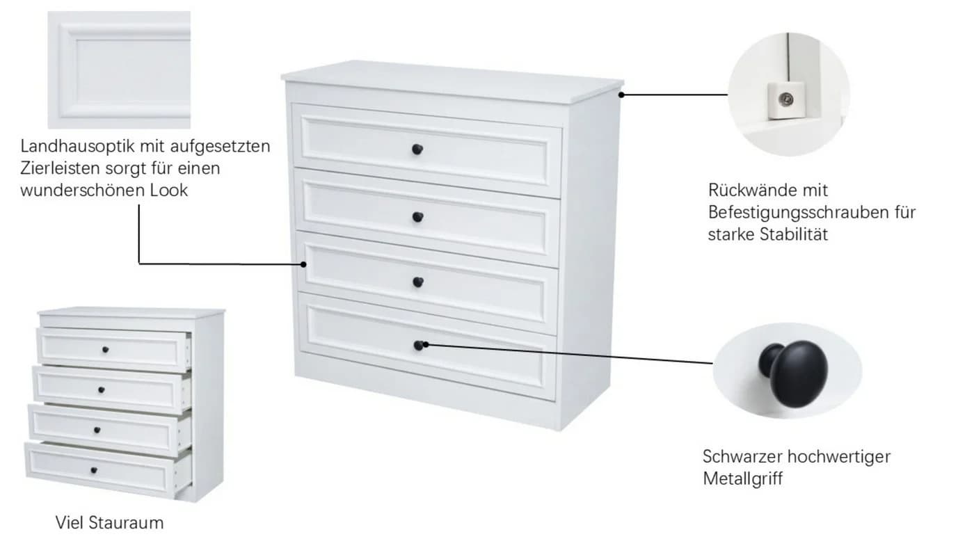 OTTO home Schubkastenkommode Arrian Landhaus Weiß 4 Schubladen - Bild 3