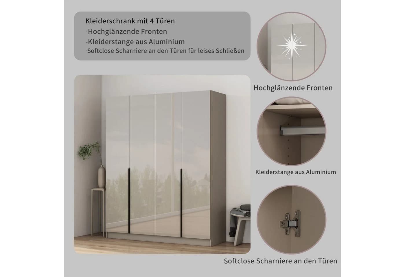 OTTO home Kleiderschrank Annor Grau Hochglanz mit Spiegeln - Bild 3