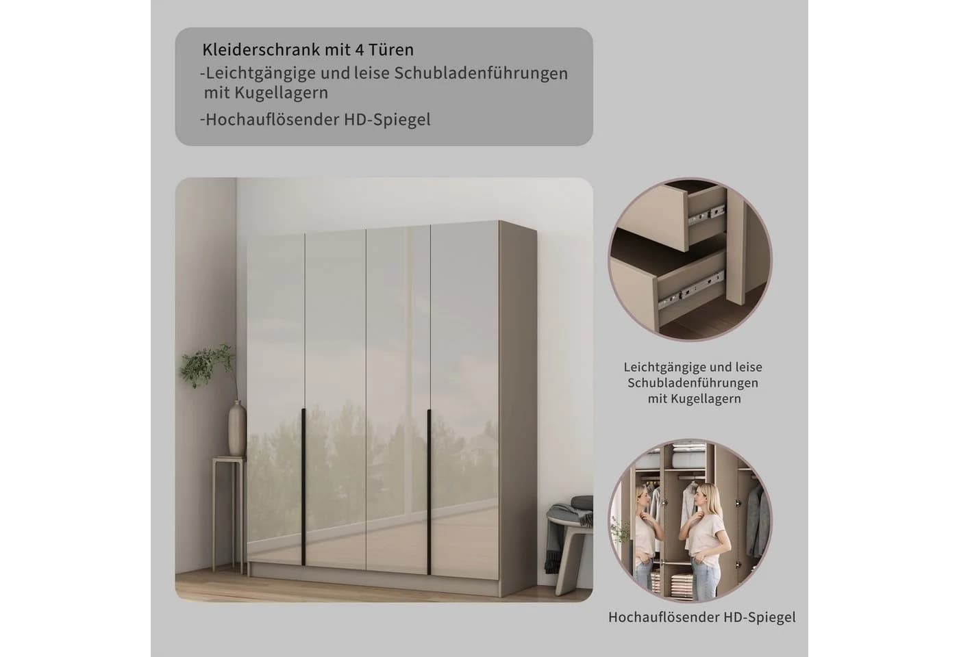 OTTO home Kleiderschrank Annor Grau Hochglanz mit Spiegeln - Bild 4