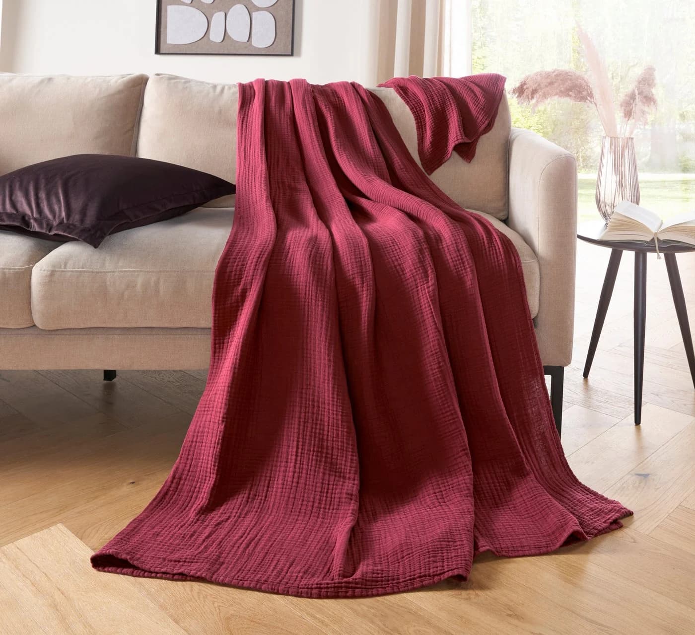 LeGer Home by Lena Gercke Wohndecke HEVIN Rot Baumwoll-Crinkle-Effekt