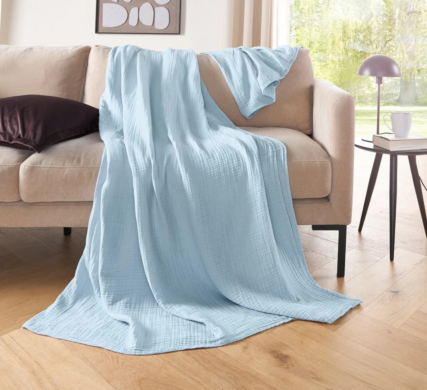 LeGer Home Wohndecke HEVIN Baumwolle Crinkle-Effekt Blau