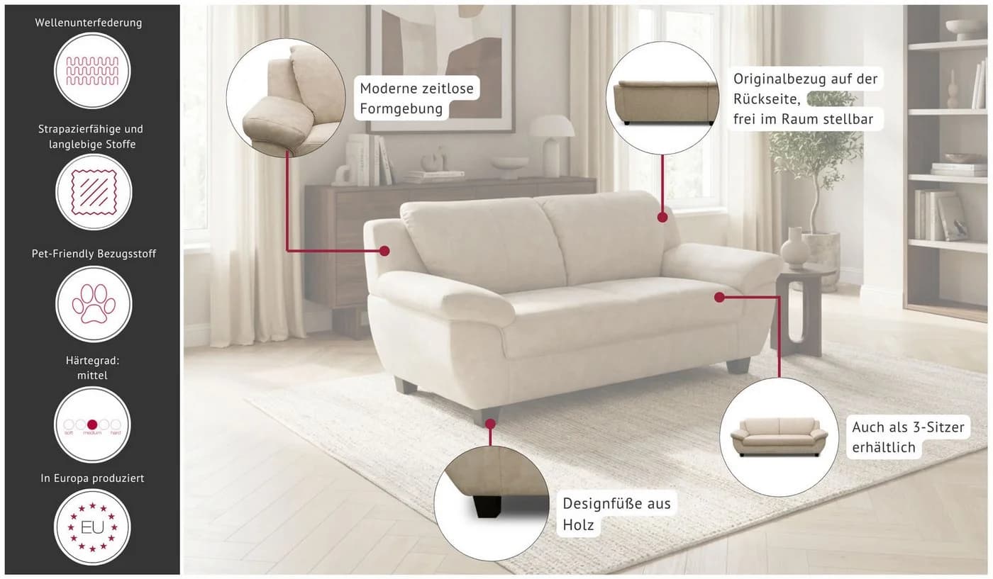 OTTO home 2-Sitzer Sofa Sillkeborg 161 cm Samtvelours rot - Bild 3