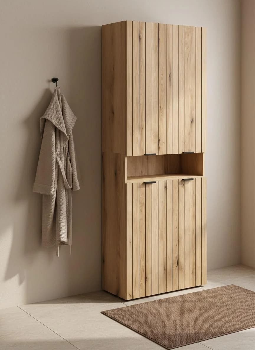 Welltime Hochschrank Amrum braun Schwarz Lamellenoptik