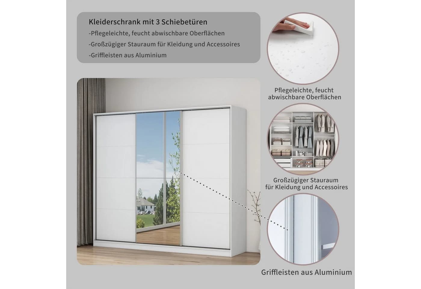 OTTO home Kleiderschrank Trento mit Schiebetüren, Spiegel & Schubladen Weiß - Bild 3